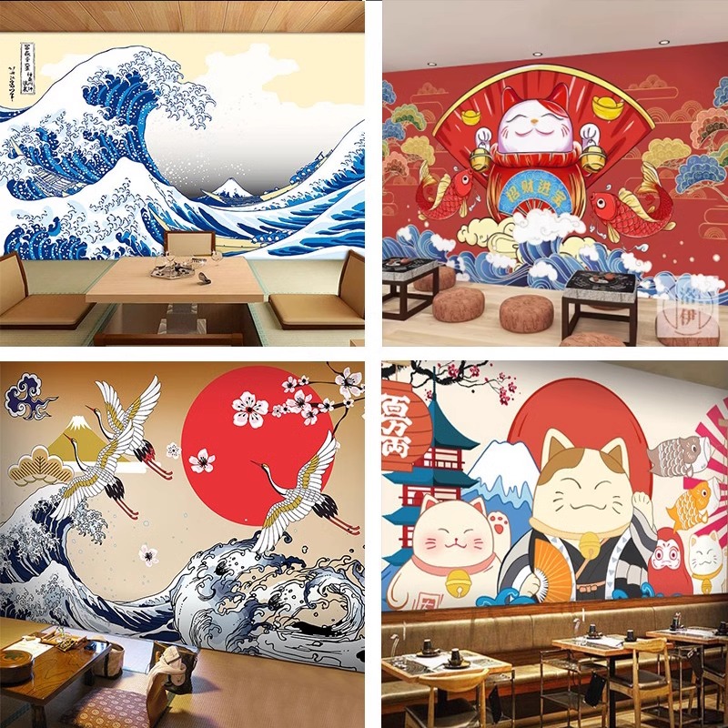 日式和风墙纸日系居酒屋榻榻米浮世绘壁纸神奈川冲浪里民宿壁画布