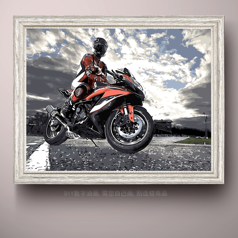 新款diy数字油画摩托车风景减压手工绘填色填充装饰油彩挂画包邮