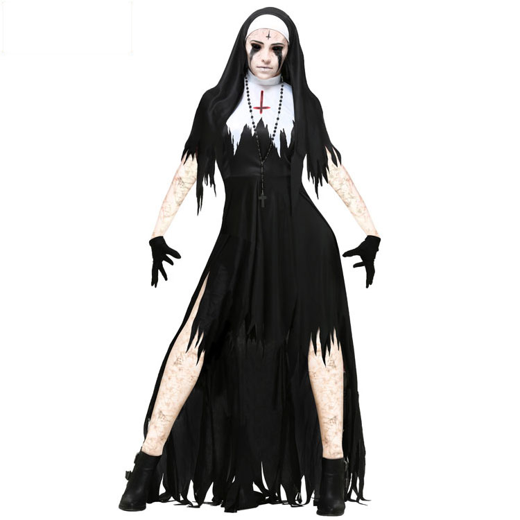 万圣节狂欢节古怪邪恶装扮成人女修道院黑色恐怖修女角色扮演服装