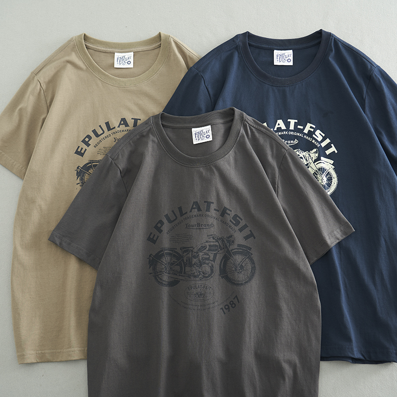 欧美摩托车创意印花T恤男 夏季复古水洗纯棉宽松半袖体恤短袖上衣