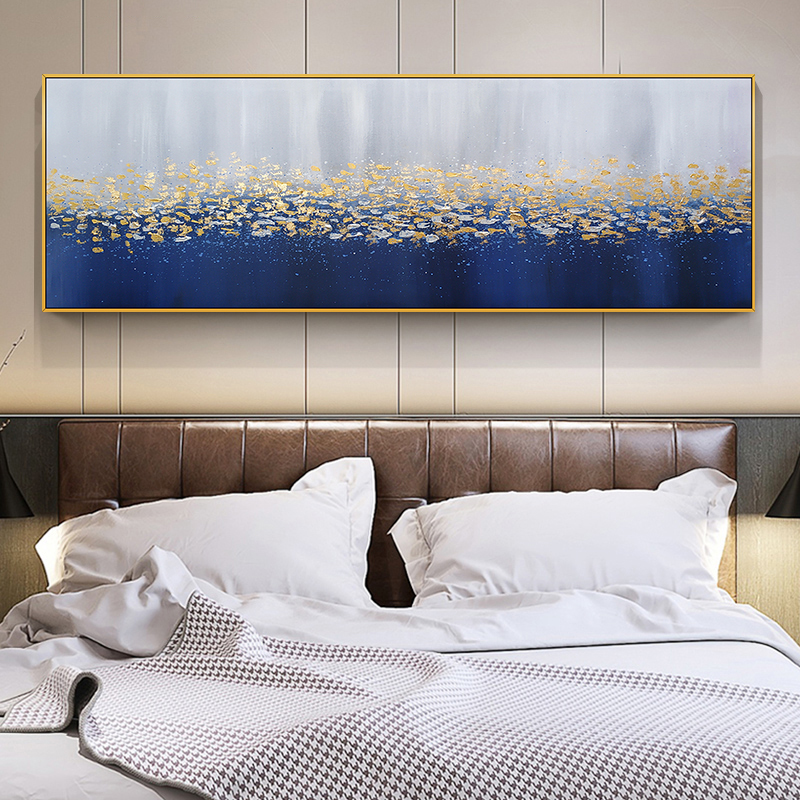 卧室床头装饰画手绘油画现代简约抽象金色艺术壁画雨中神话油画布