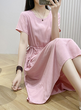 新款夏季竹节棉棉绸连衣裙女小个子纯色收腰裙子人造棉妈妈中长裙