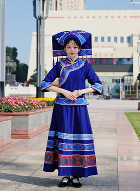 广西蓝色壮锦壮族服装女传统服饰长裙舞蹈表演回娘家三月三民族服