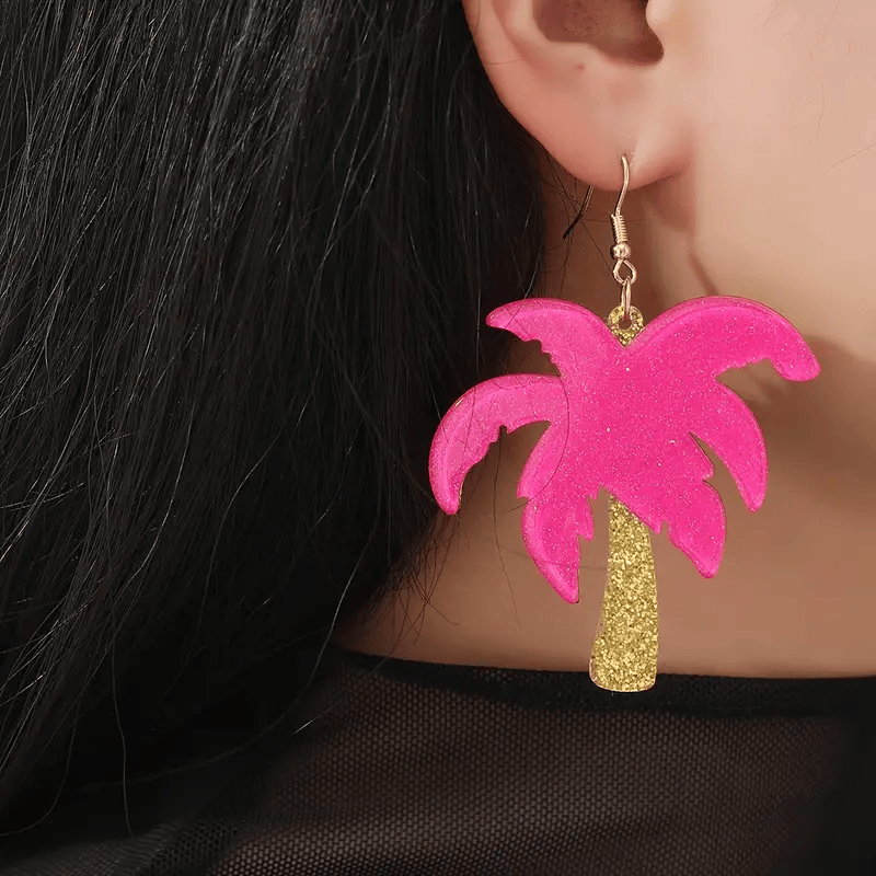 粉色椰子树造型亮片设计垂坠式耳饰女士日常宴会派对度假海边佩戴