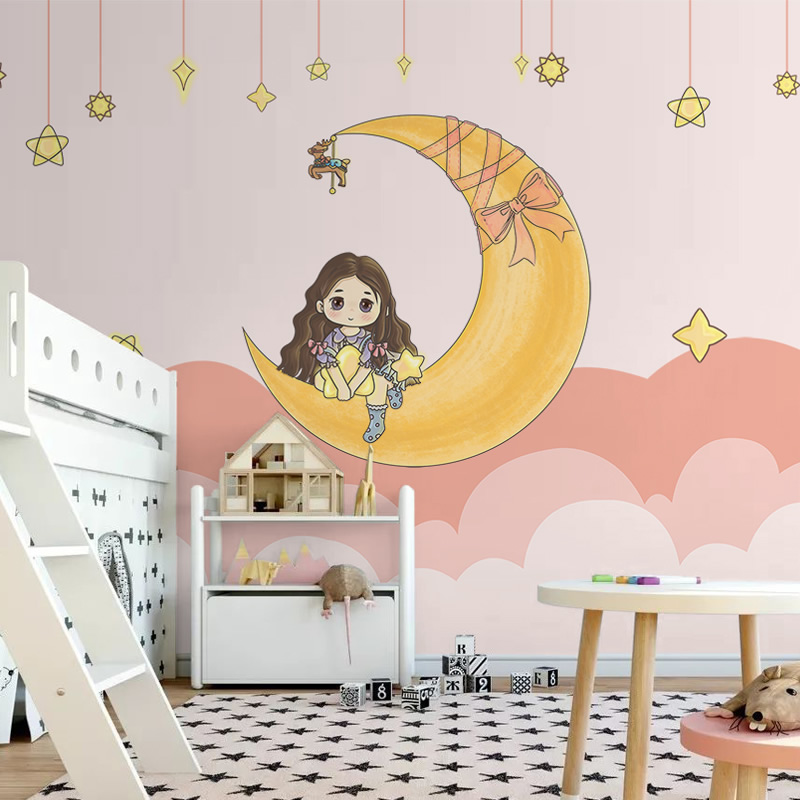 北欧粉色温馨卡通月亮公主女孩儿童房背景墙壁纸墙布壁布壁画定制