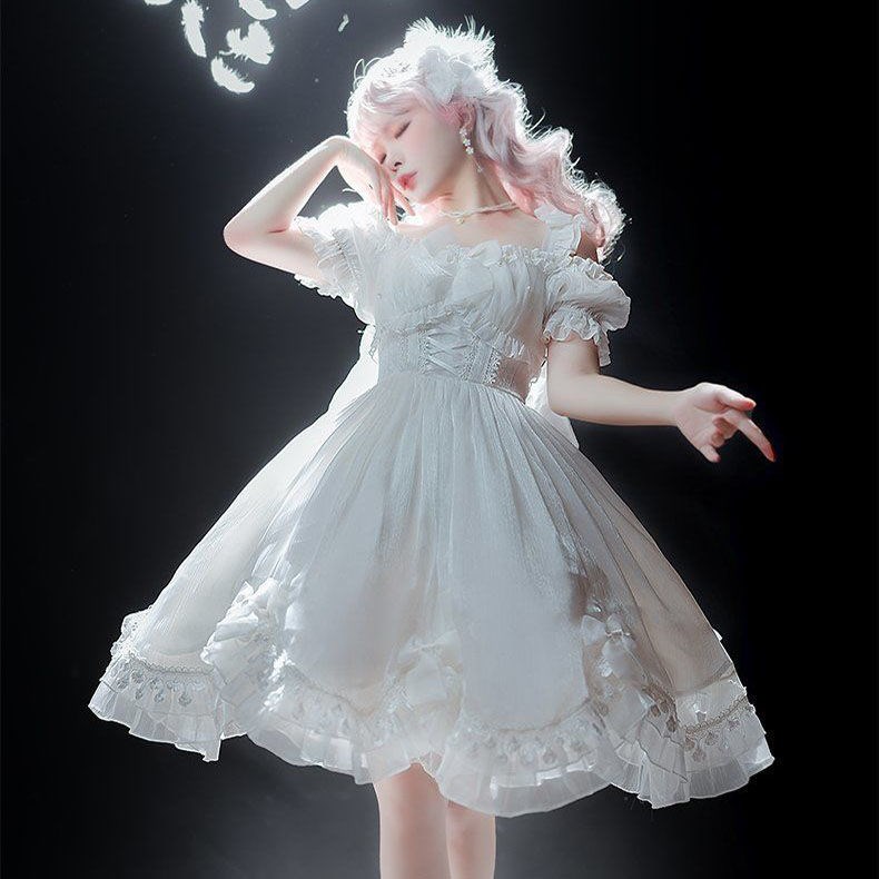 原创设计纯色小天鹅jsk短袖甜美连衣裙lolita洛丽塔洋装大摆裙