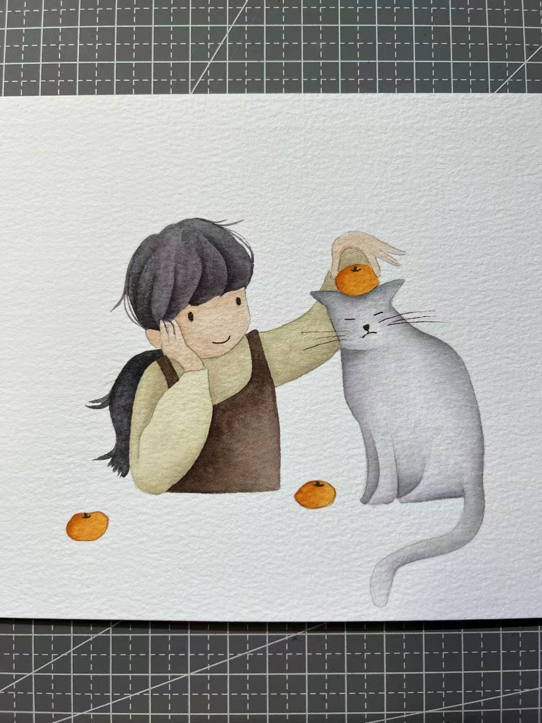 【三猫手绘】水彩画作品《橘子猫》1072装饰画
