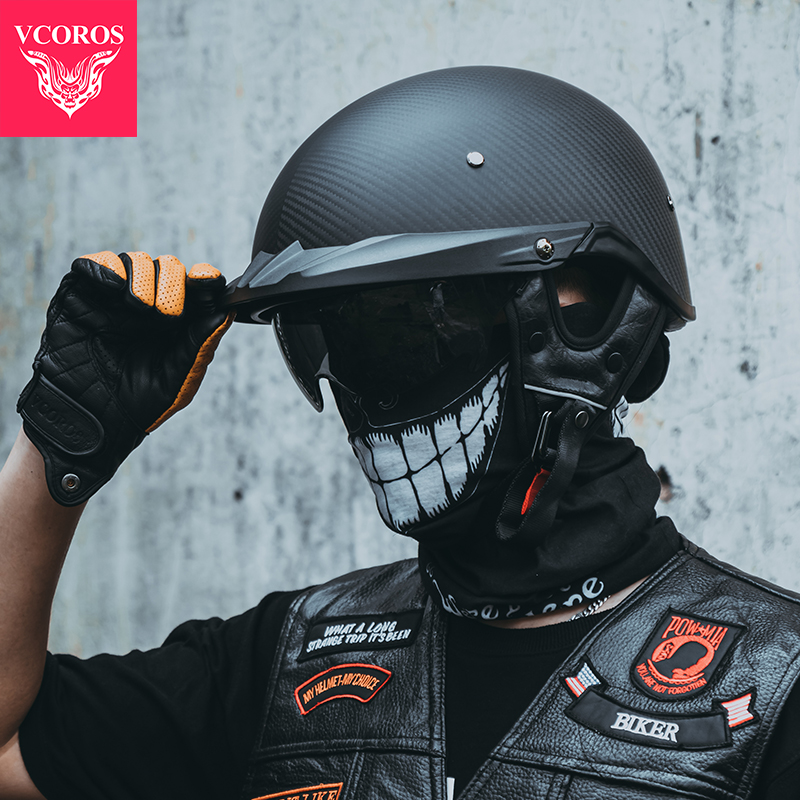 VCOROS碳纤维头盔哈雷半盔复古摩托车瓢盔男女夏季3C认证可装蓝牙