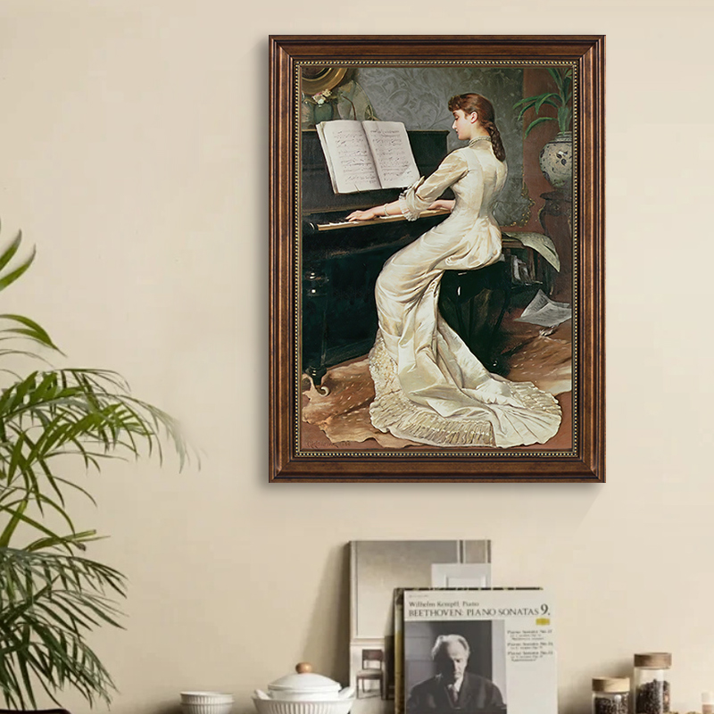 欧式复古艺术装饰画美式壁画法式客厅人物背景墙挂画琴房钢琴油画