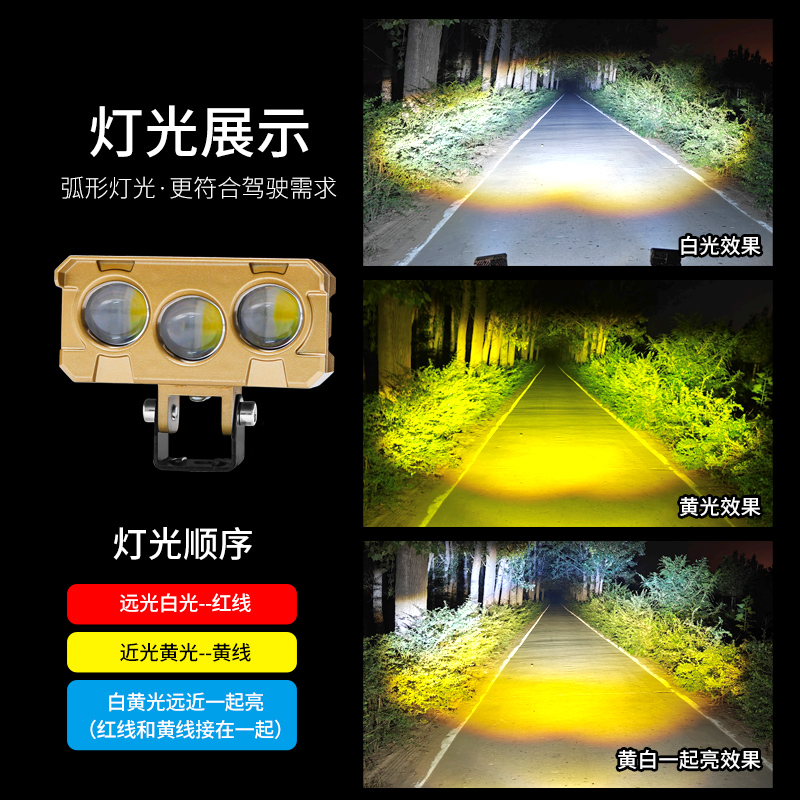 摩托车LED射灯12v-80v通用电动车铺路灯远近光切线透镜黄白光货车