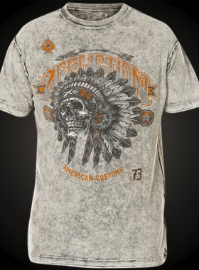 美国正品AFFLICTION印第安摩托车骷髅酋长纯棉修身短袖T恤做旧T
