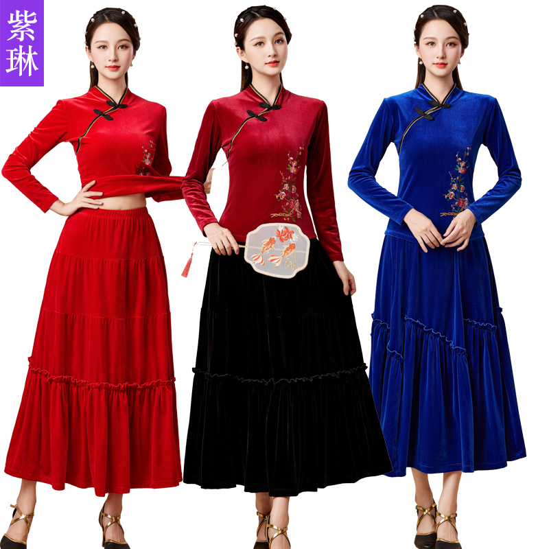 中老年绒金丝民族新款冬季中国风广场舞服装套装两件套长裙子舞裙
