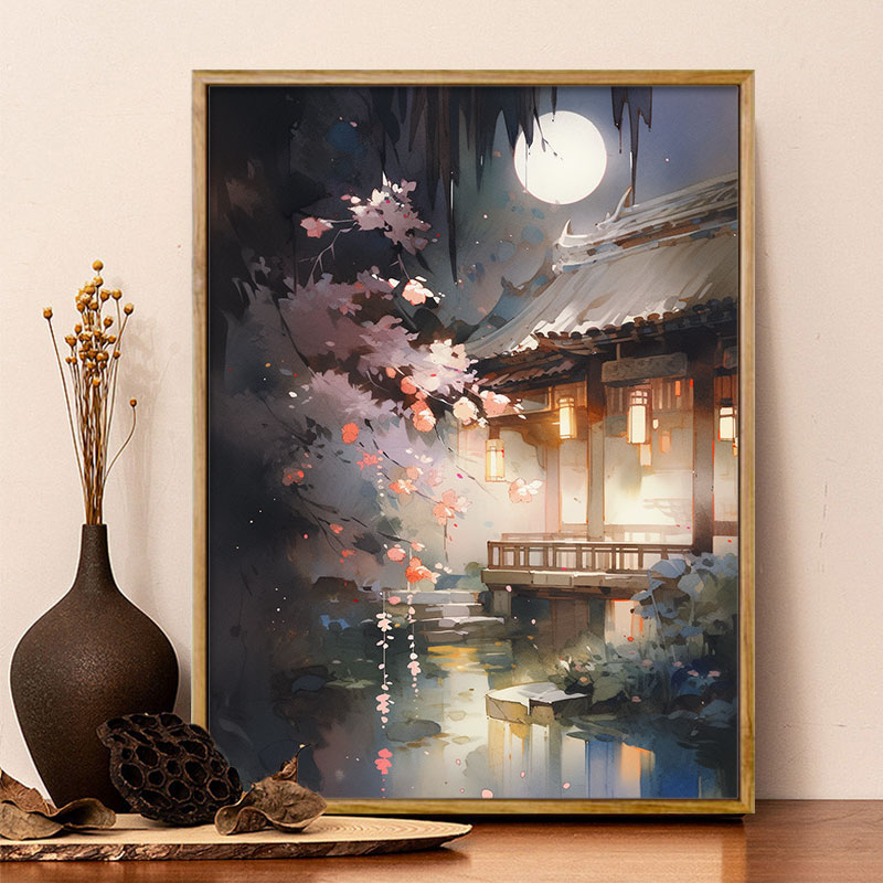 庭院月光 数字油画diy中国风自然美景治愈涂鸦手工填色摆件装饰画