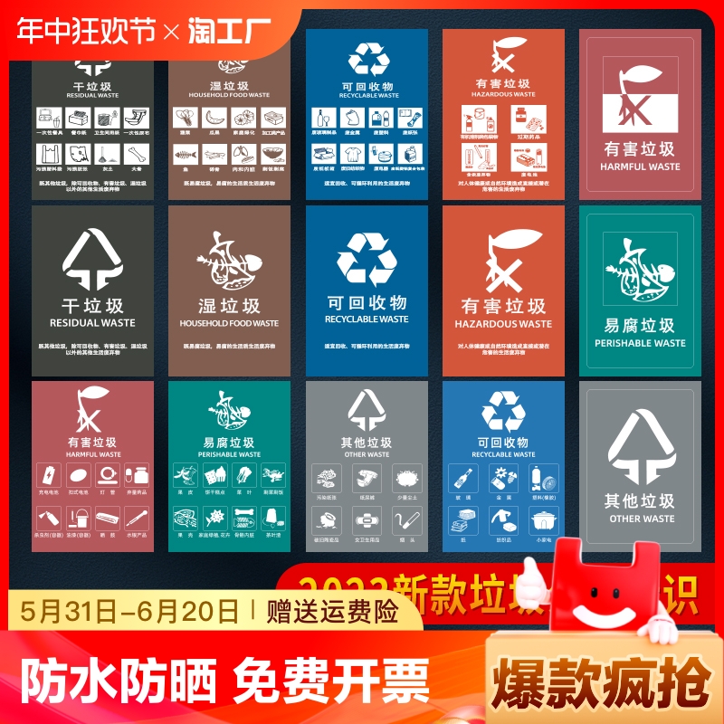 垃圾分类标识贴纸上海杭州苏州成都武汉垃圾桶标志不可回收有害易腐厨余其他干湿指示幼儿园宣传标语信息防水
