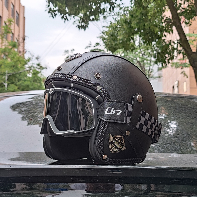 3C认证哈雷摩托车复古头盔男女机车安全帽手工皮革3/4盔电动车帽