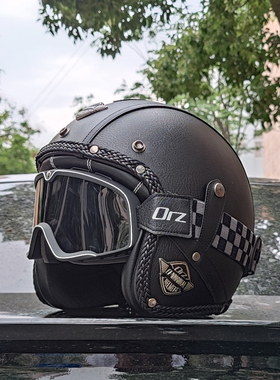 3C认证哈雷摩托车复古头盔男女机车安全帽手工皮革3/4盔电动车帽