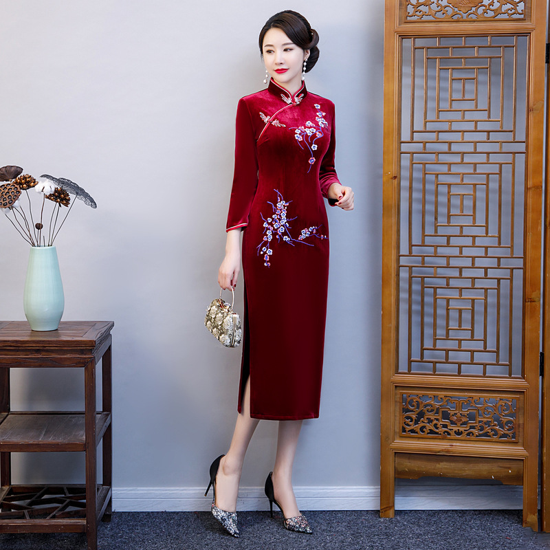 旗袍中国风加绒加厚长袖改良复古妈妈装冬季气质婚宴装连衣裙礼服