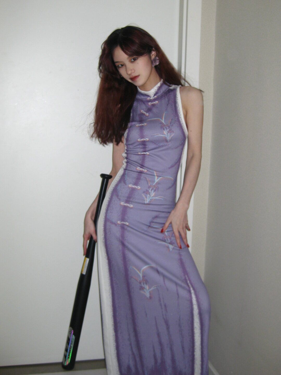 新中式国风高级感设计小众手绘紫色旗袍连衣裙收腰显瘦气质长裙子