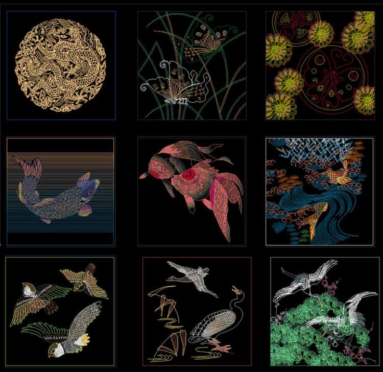 中式画图案花纹画鸟各种动物青花瓷花瓶仙鹤蝉动物植物CAD图库