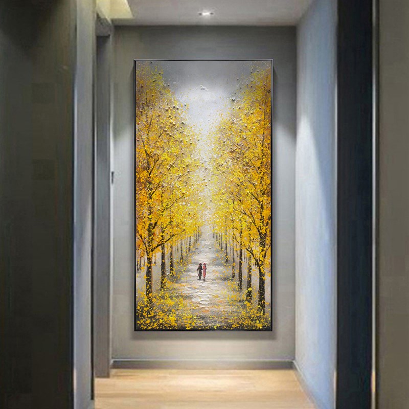 一路同行手绘油画黄金树现代玄关装饰画过道入户走廊抽象挂画轻奢