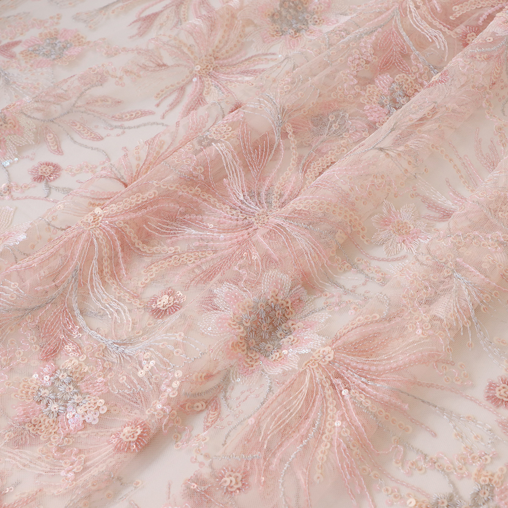 S13烟花绽放 温柔的粉色系亮片刺绣网纱蕾丝面料布料服装辅料