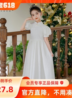 新款圣诞白色钢琴演出服元旦中国风诗朗诵主持人比赛女童立领礼服