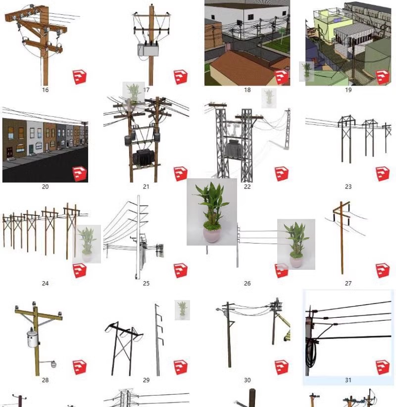 乡村电线杆电力变压器高压线输电网电线路塔铁塔杆SU模型库