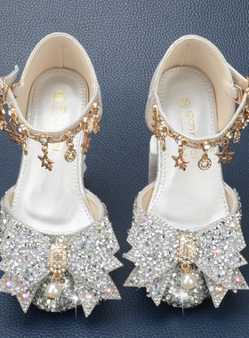 女童银色公主鞋包头蝴蝶结小女孩水晶鞋水钻软底礼服裙儿童高跟鞋