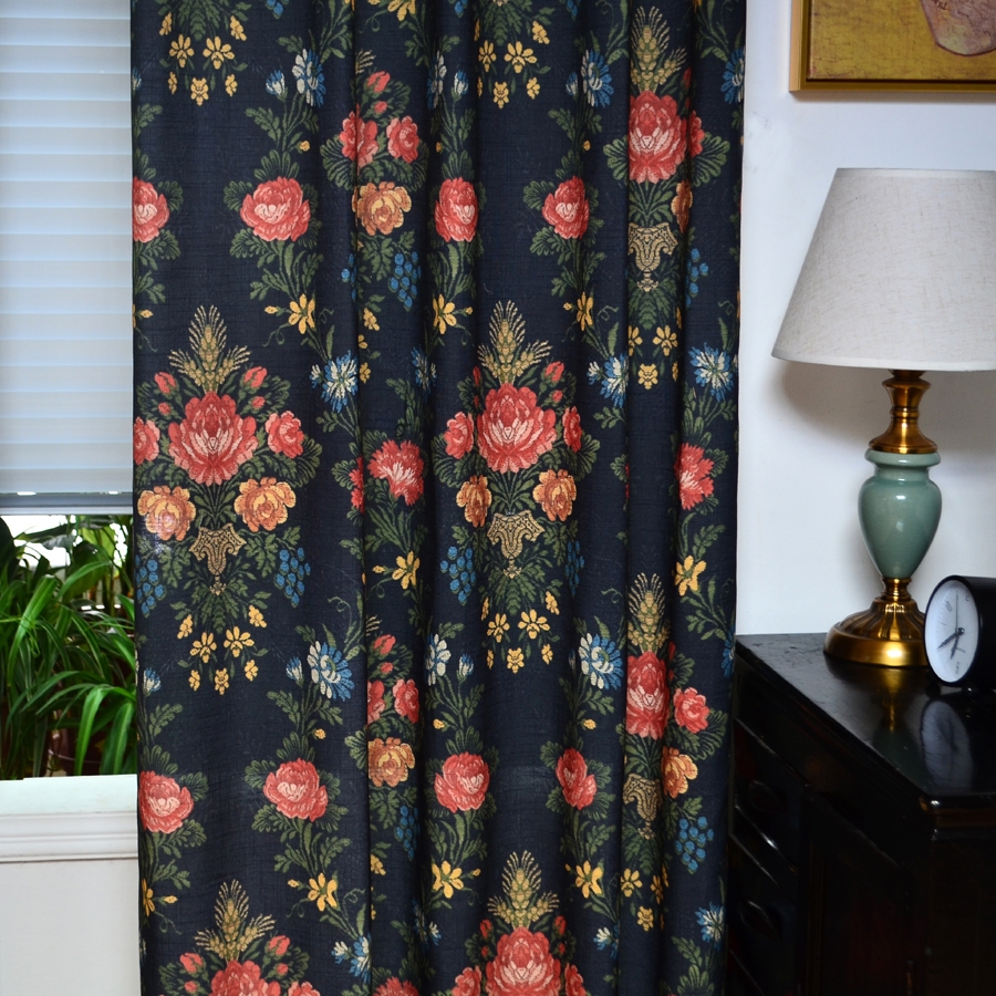 北欧客厅落地窗黑色古典花纹花卉半遮光亚麻棉麻窗帘布料打孔成品