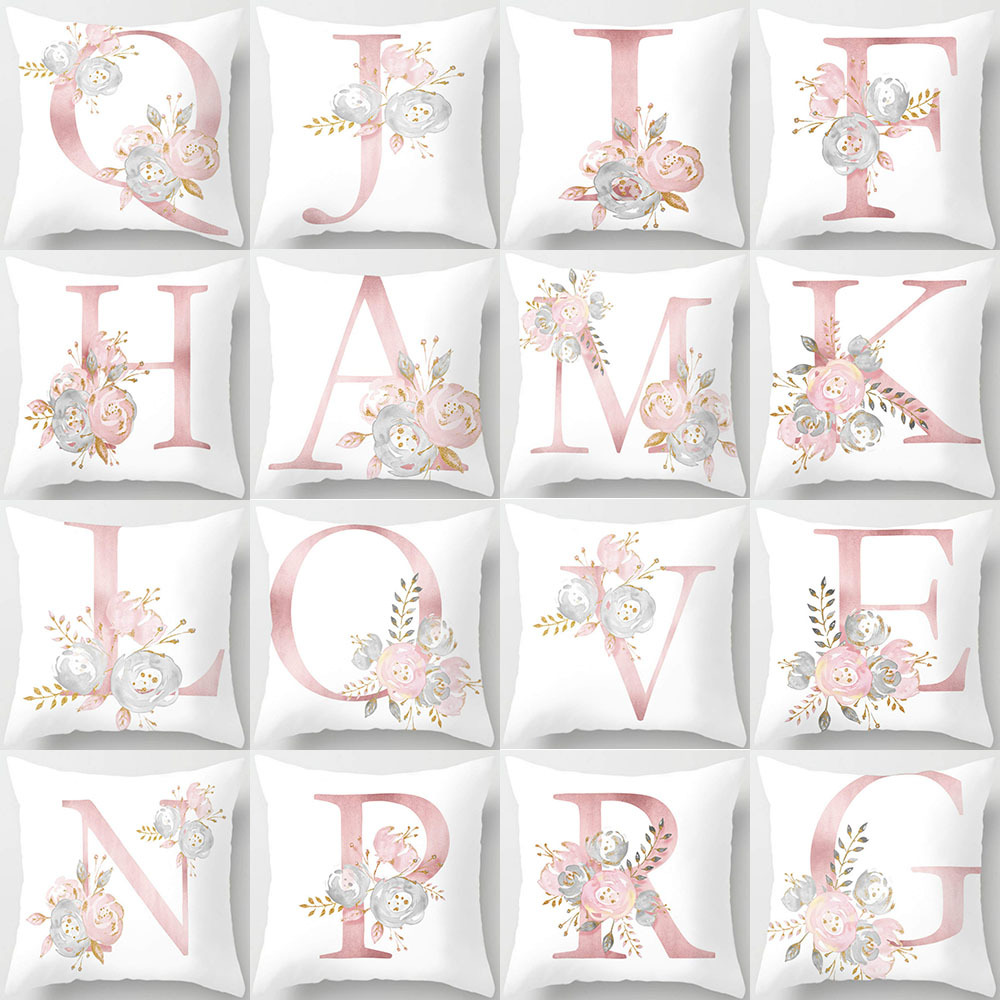 跨境创意粉色简约26个英文字母桃皮绒抱枕套汽车沙发靠垫来图可定