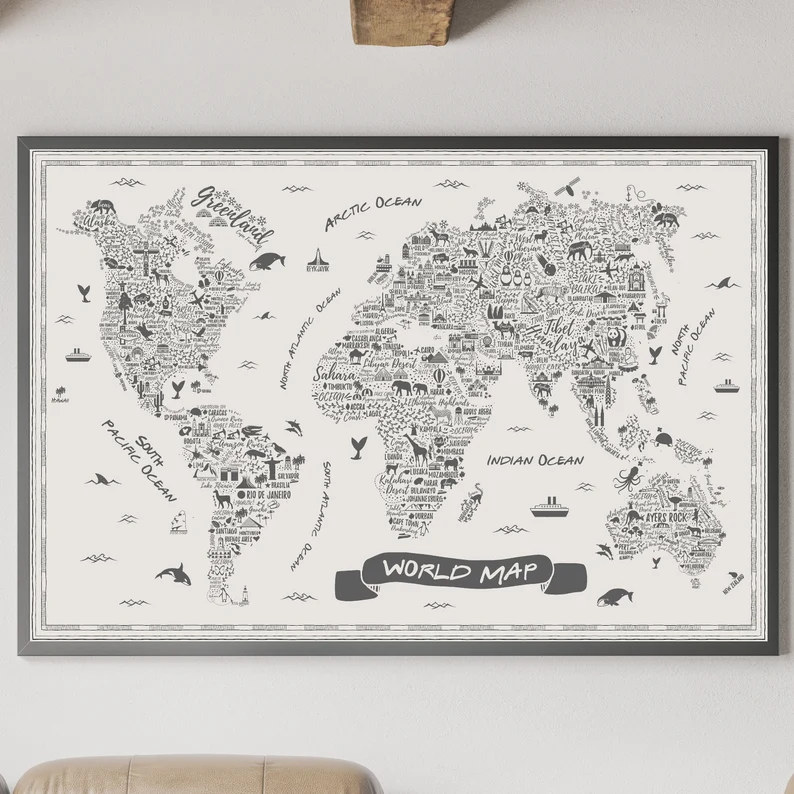 符号文字排版世界地图 全球旅行指南城市地理人文景观客厅装饰画