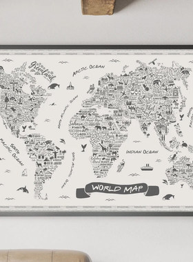 符号文字排版世界地图 全球旅行指南城市地理人文景观客厅装饰画