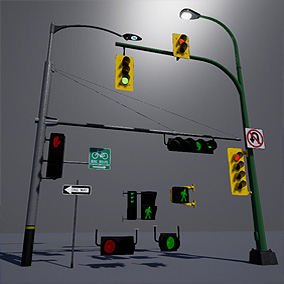 UE4虚幻 交通信号灯红绿灯人行横道标志路灯温馨指示牌场景3D模型