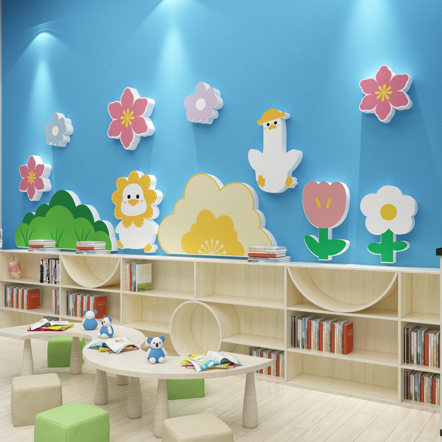 高端幼儿园春天环创主题墙面装饰成品布置文化材料背景小黄鸭贴纸