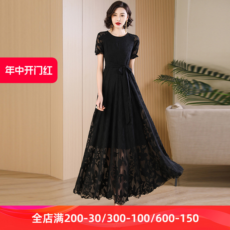 黑色雪纺连衣裙夏季2024新款高级感减龄女士气质显瘦大摆超长裙子