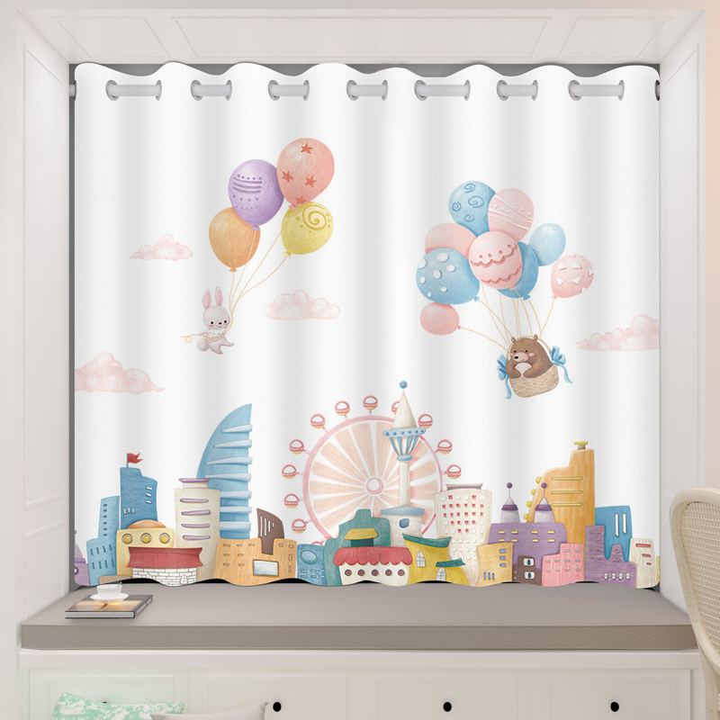 儿童房窗帘女孩卧室粉色卡通图案遮光2021年新款免打孔安装飘窗