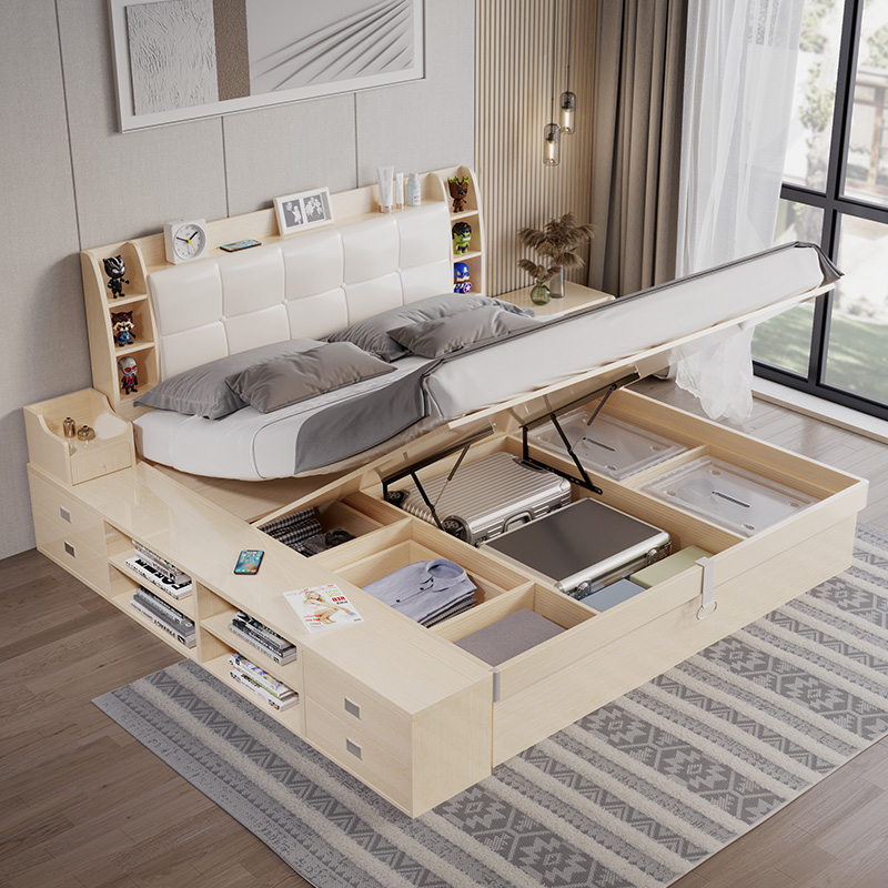 现代简约家用地台床1.5m双人床主卧小户型收纳板式气压高箱储物床