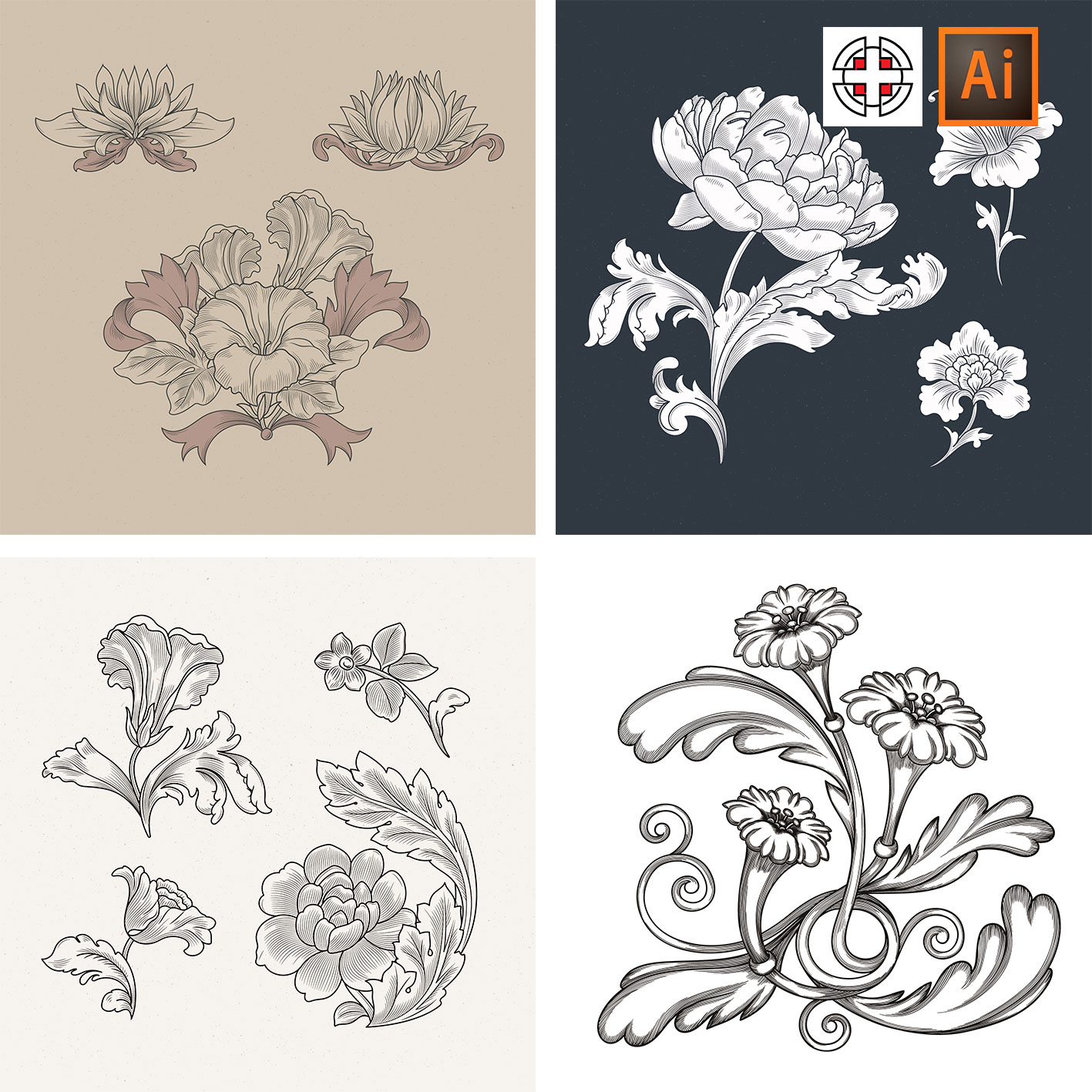 欧式复古花卉鲜花花纹图案白描草图AI矢量设计素材
