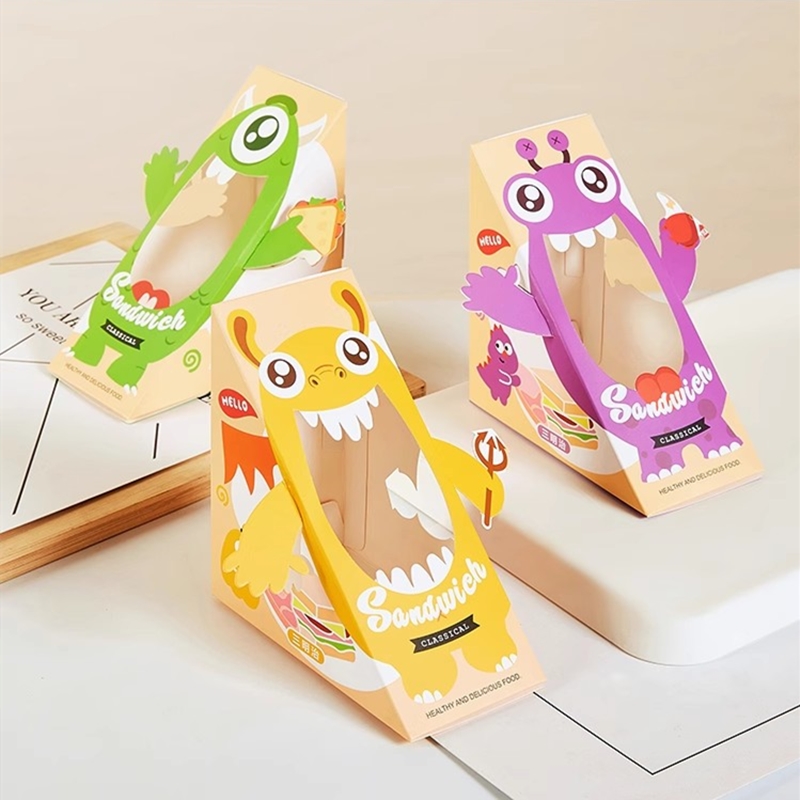 怪兽三明治包装盒卡通三角形镂空家用便当儿童创意一次性打包纸盒