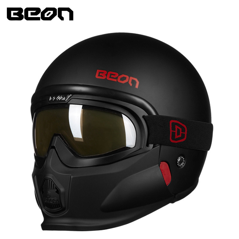 BEON摩托车头盔复古哈雷滑雪盔男女个性组合半盔带风镜四季通用