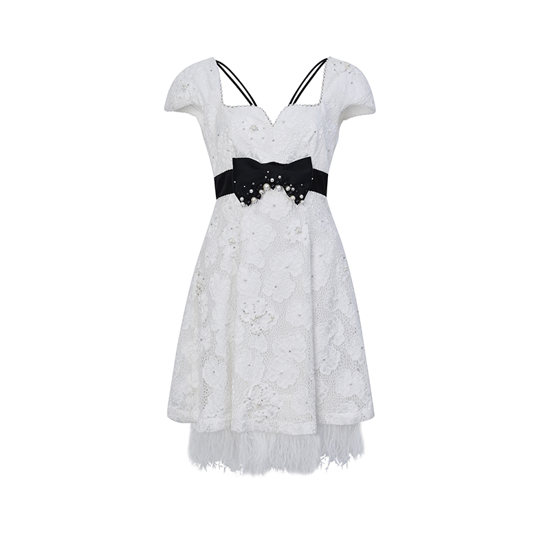 LE FAME/拉飞姆2022年夏季新款60年代复古黑白撞色钉珠高腰连衣裙