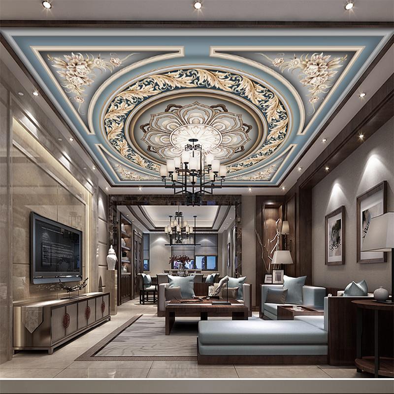 新中式牡丹花天花板吊顶壁画酒店餐馆包厢欧式棚顶壁纸3d墙布装饰
