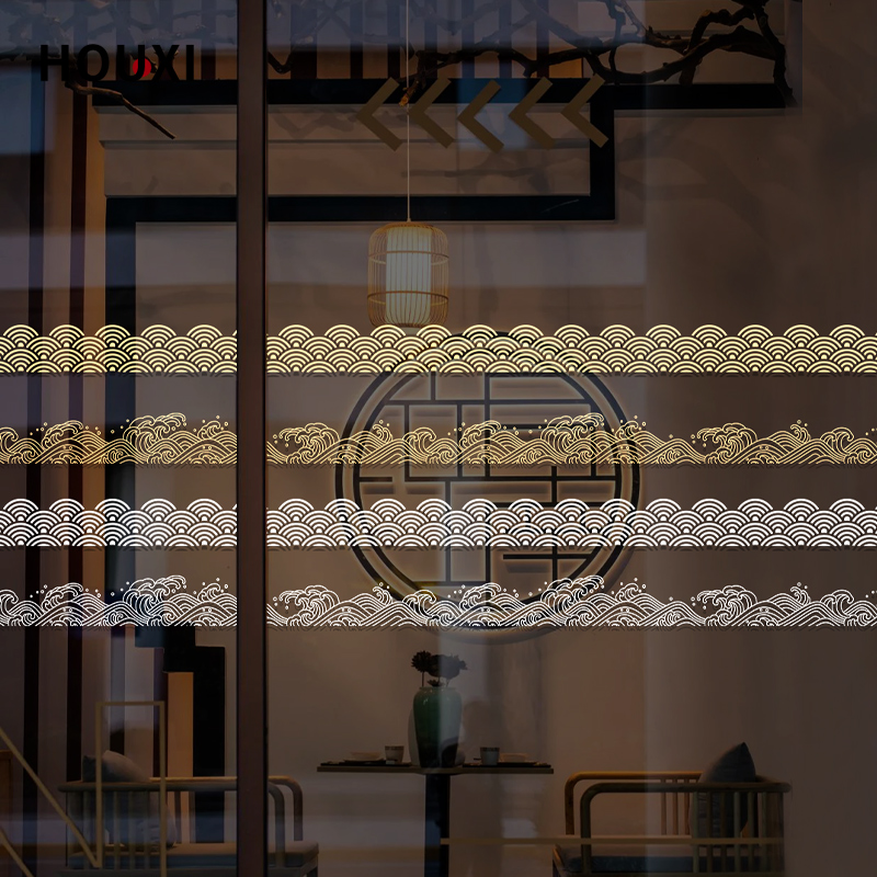 中式云纹玻璃贴祥云波浪古典中餐厅酒店橱窗腰线底纹静电抽象线条