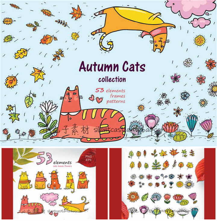 A0351矢量AI设计素材 手绘秋天树叶猫咪插画背景印花包装图+png