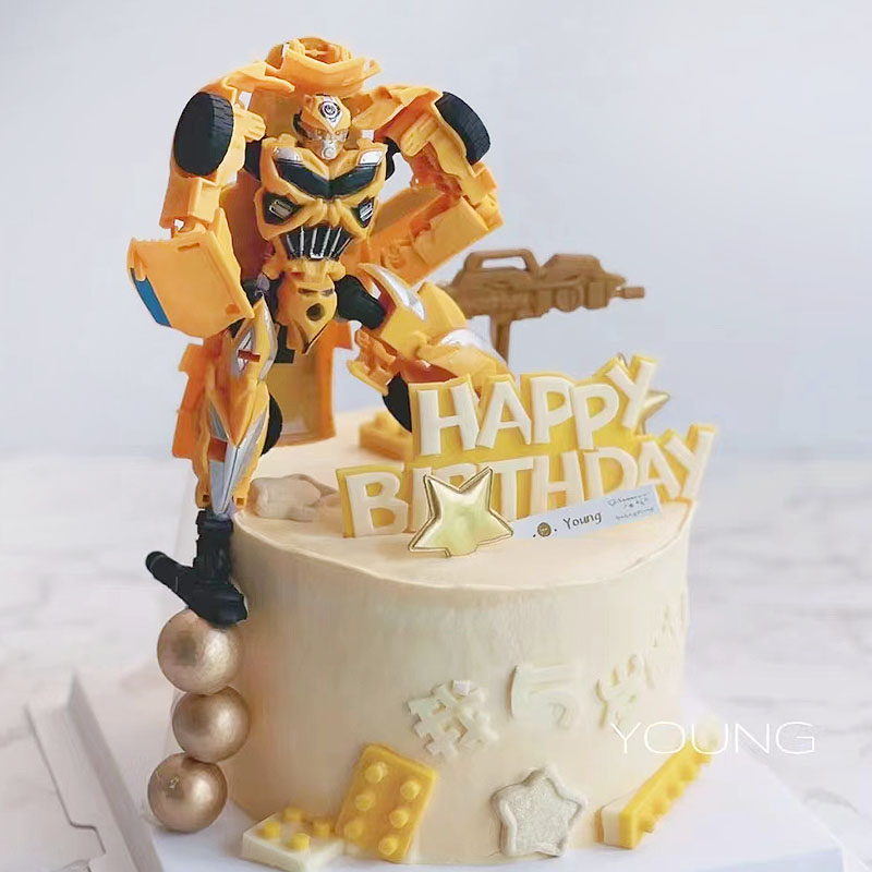 卡通变形汽车机器人蛋糕装饰摆件拼装超人大黄蜂男孩生日烘焙配件