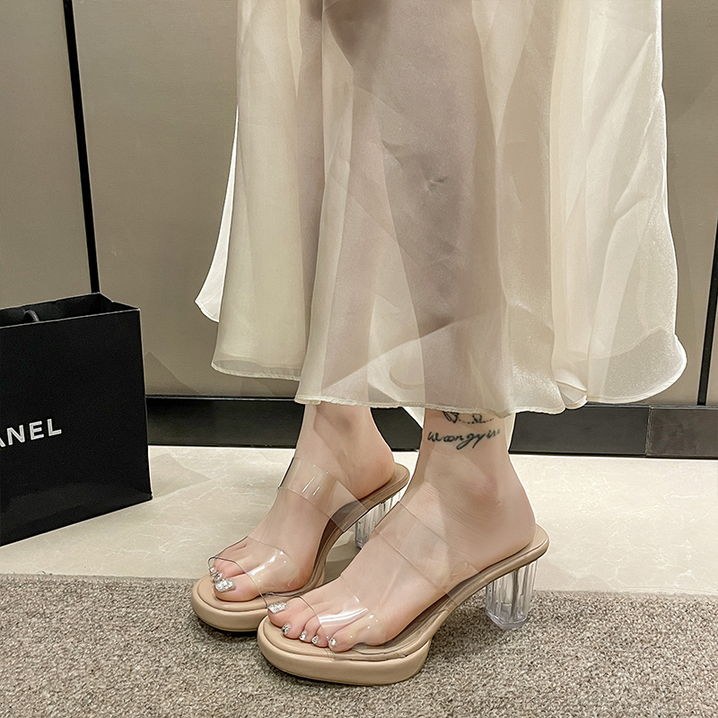 水晶拖鞋女夏外穿时尚仙女法式透明高跟鞋粗跟凉鞋小众高级感凉拖
