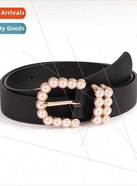 New pearl buckle ring black ladies belt female rhinestone in