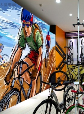 户外山地自行车壁纸 手绘单车骑行 墙纸体育运动专卖店健身房壁画