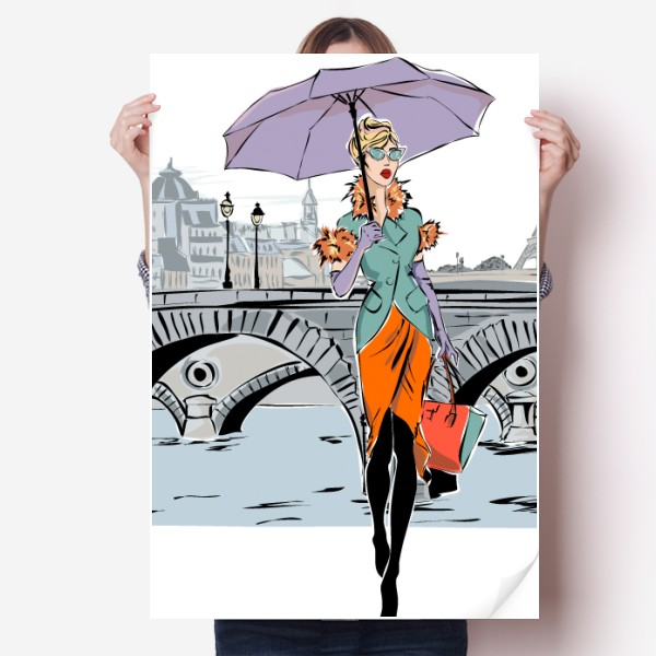 河流大桥女士法国插画海报贴纸80x55cm墙贴纸卧室家居装饰