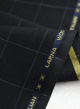 金边黑藏青蓝色格纹细腻斜纹哔叽精纺纯羊毛面料设计师西装布料